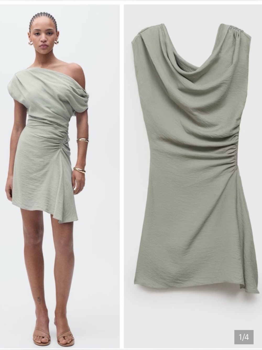 MANGO asymmetrical draped short dress in sage green S